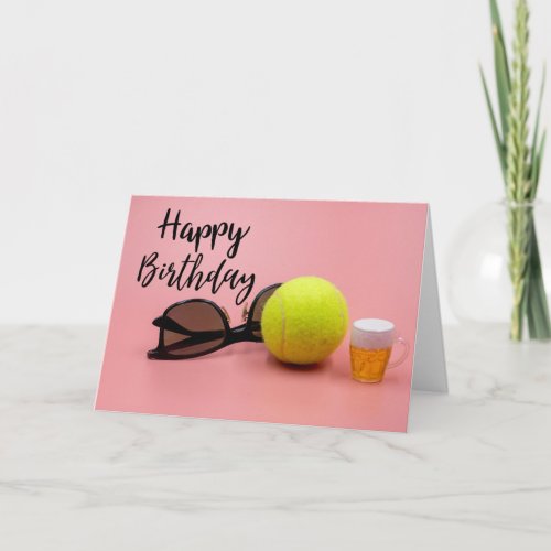 Tennis  Birthday card with ball and beer on pink