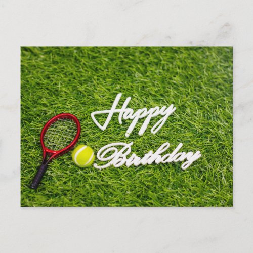 Tennis birthday card with racket and ball on green