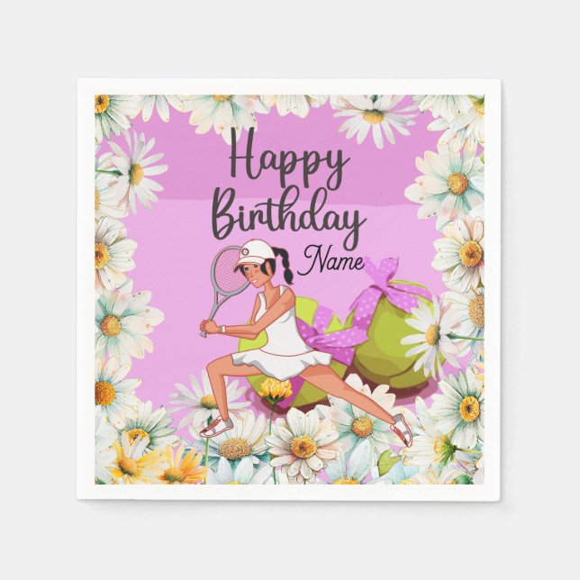 Tennis Birthday for woman player with daisy flower Napkins (Front)