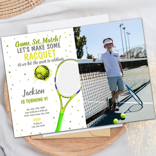 Tennis Birthday Invitations with photo (Gray Light Green Tennis Birthday Invitations photo)