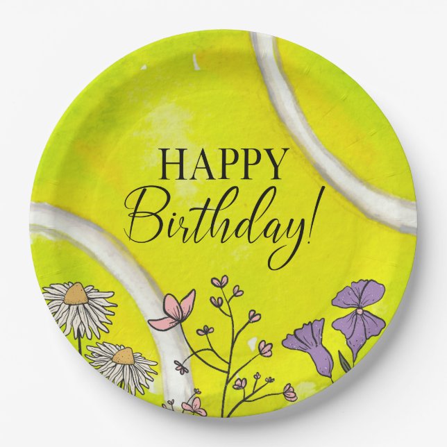 Tennis Birthday  on tennis ball for player  Paper Plates (Front)