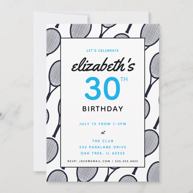 Tennis Birthday Party Black Blue Custom Invitation (Front)