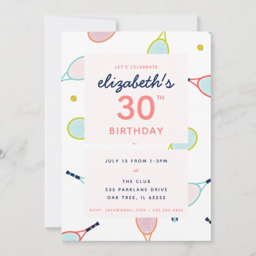 Tennis Birthday Party Coral Blue Green Custom Invitation