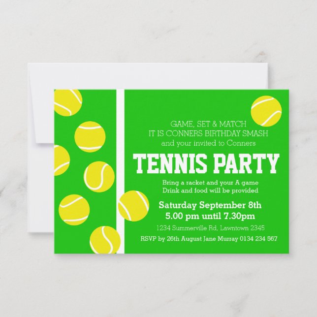 Tennis birthday party invite green, yellow & white (Front)