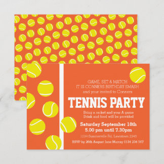 Tennis birthday party invite red orange clay court