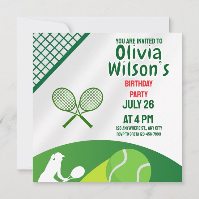 Tennis Birthday Party, Tennis Player Girl  Invitat Invitation (Front)