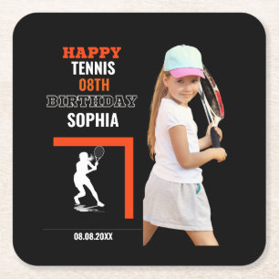 Tennis Birthday, Tennis Girl Player Backdrops Square Paper Coaster
