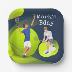 Tennis Birthday tennis player with racket blue Paper Plates