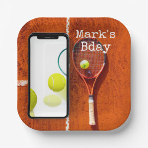 Tennis  Birthday  tennis  player with racket red Paper Plates