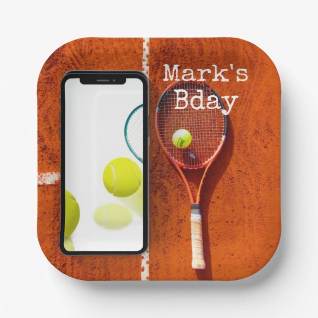 Tennis  Birthday  tennis  player with racket red Paper Plates (Front)