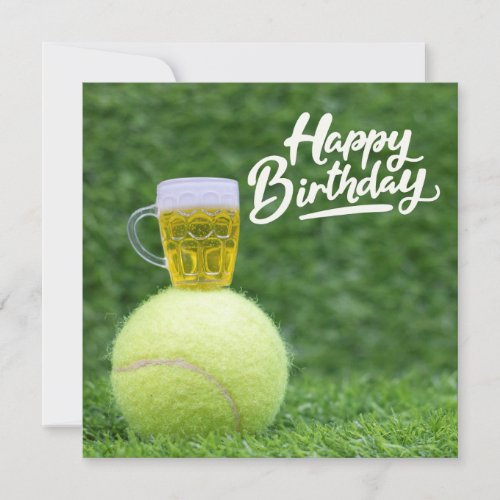 Tennis Birthday with  ball and Beer on Green Grass Card