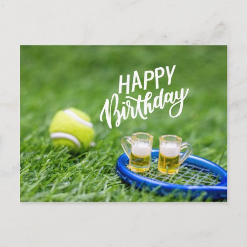 Tennis Birthday with ball and beer on green grass Postcard