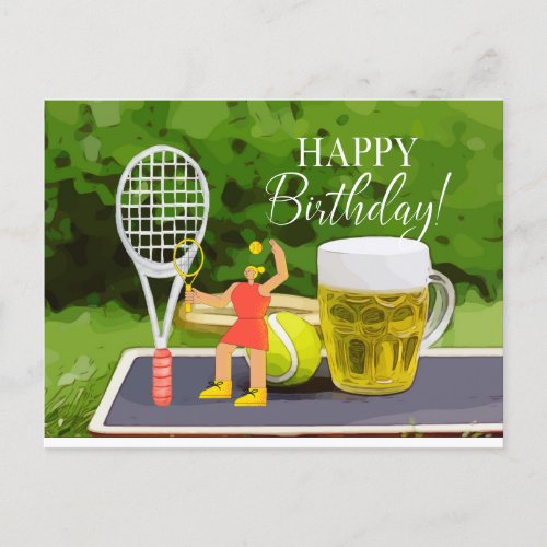 Tennis Birthday with Beer and ball racket for Mom  Postcard