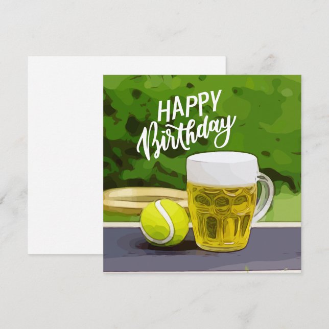 Tennis Birthday with Beer and ball racket on green (Front/Back)