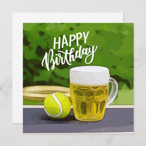 Tennis Birthday with Beer and ball racket on green