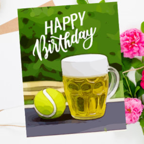 Tennis Birthday with Beer and ball racket on green Card