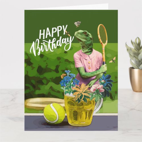 Tennis Birthday with Beer and ball racket on green Card