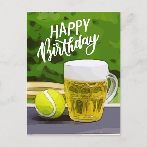 Tennis Birthday with Beer and ball racket on green Postcard