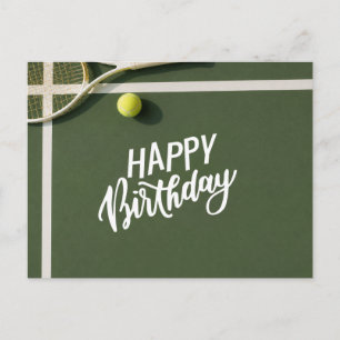 Tennis Birthday with Beer and ball racket on green Postcard