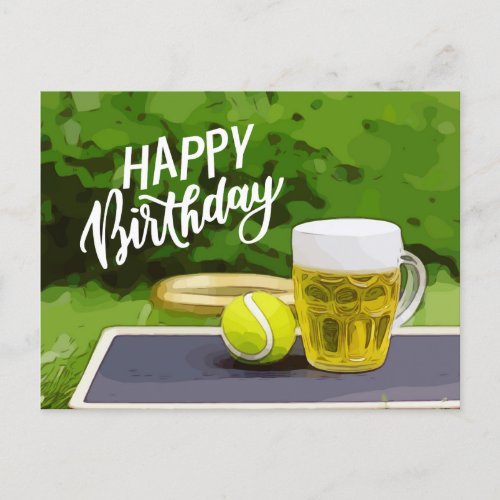 Tennis Birthday with Beer and ball racket on green Postcard