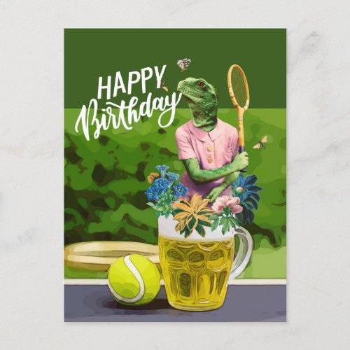 Tennis Birthday with Beer and ball racket on green Postcard