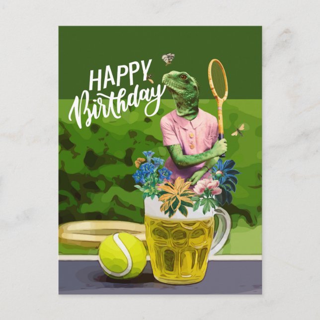 Tennis Birthday with Beer and ball racket on green Postcard (Front)