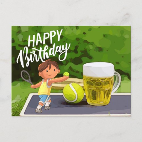 Tennis Birthday with Beer and ball racket on green Postcard