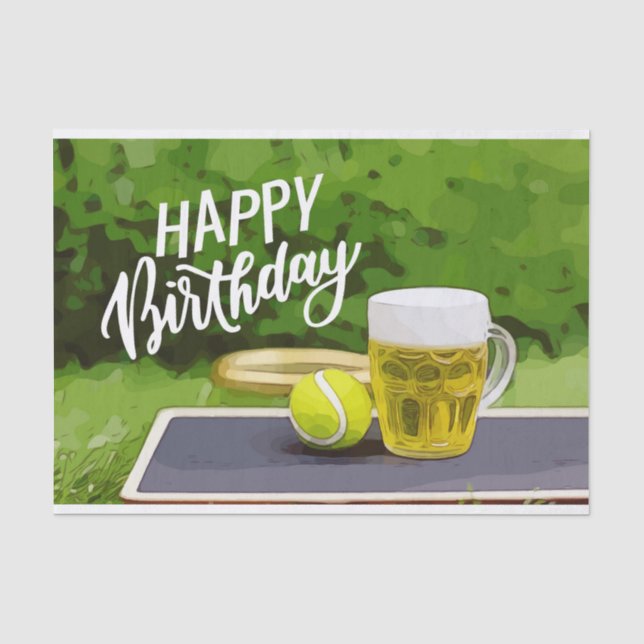 Tennis Birthday with Beer and ball racket on green Tissue Paper (Front)