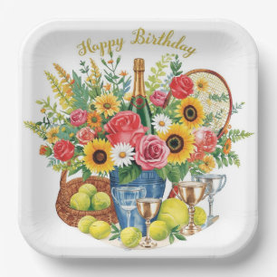 Tennis Birthday with Flowers and ball watercolor Paper Plates