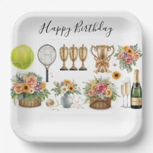 Tennis Birthday with Flowers and ball watercolor Paper Plates