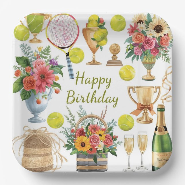 Tennis Birthday with Flowers and ball watercolor Paper Plates (Front)