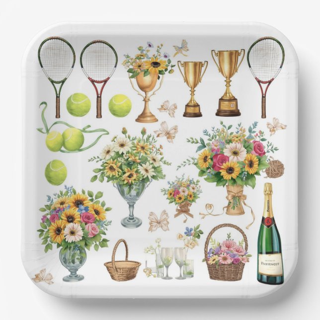 Tennis Birthday with Flowers and ball watercolor Paper Plates (Front)