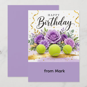 Tennis Birthday with racket and flowers on court Card