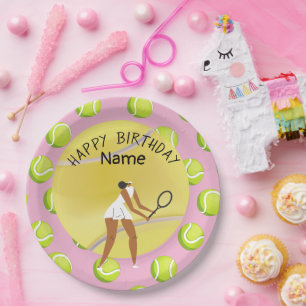 Tennis Birthday with tennis player on pink Paper Plates