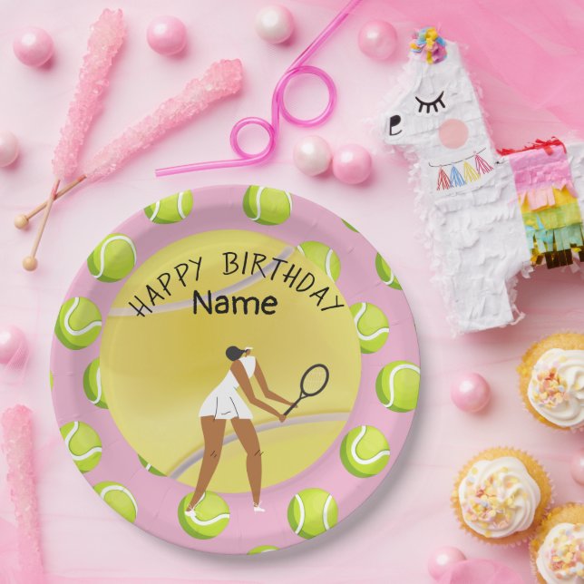 Tennis Birthday with tennis player on pink   Paper Plates (Party)