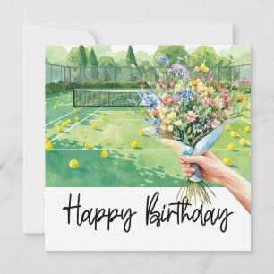 Tennis birthday with woman holds flower on court card