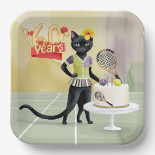 Tennis Black Cat 60th Birthday Party with Cake Paper Plates
