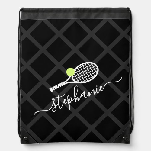 Tennis Black Drawstring Backpack Bag with Name