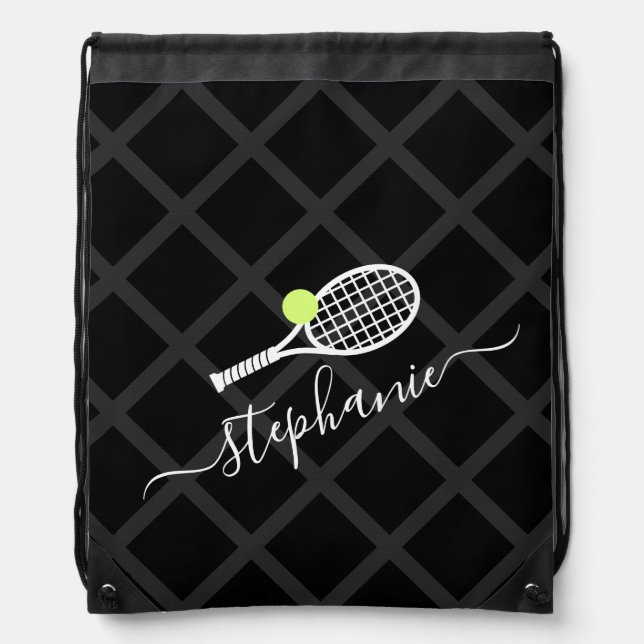 Tennis Black Drawstring Backpack Bag with Name (Front)