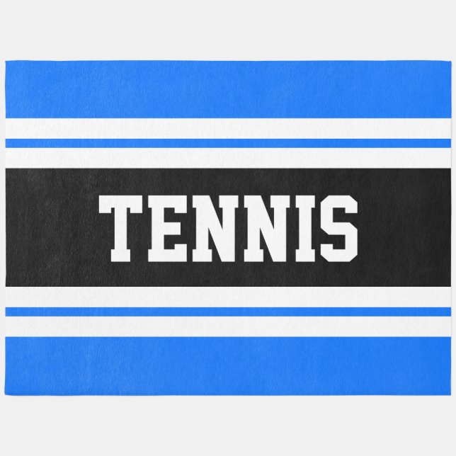 TENNIS Bold Sporty Bright Blue Black White Stripes Outdoor Rug (Front)