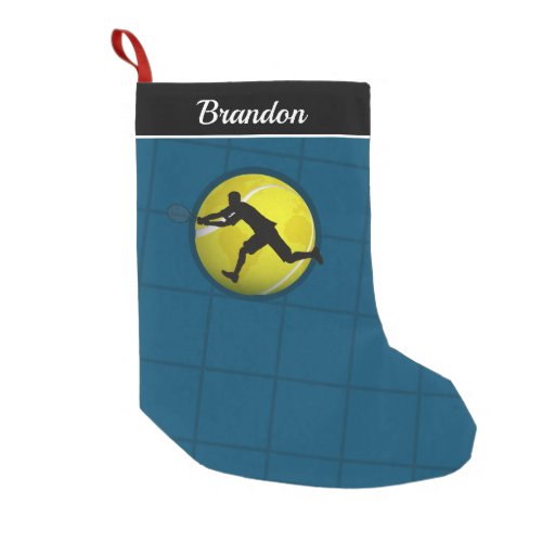 Tennis Boy Silhouette Ball  Custom Name Blue  Small Christmas Stocking