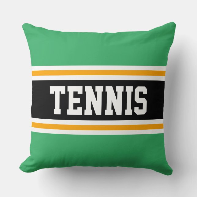 TENNIS Bright Kelly Green Black Orange Stripes Throw Pillow (Front)