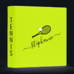 Tennis Captain Name Modern Elegant Script 3 Ring Binder<br><div class="desc">Personalized custom tennis binder for the coach, captain, or team to keep analysis, schedules, and plans organized in bright green yellow with black and white elegant script name and a simple modern racket and ball icon monogram design. All fonts and colors can be edited to match your office or team...</div>