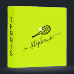 Tennis Captain Name Modern Elegant Script 3 Ring Binder<br><div class="desc">Personalized custom tennis binder for the coach, captain, or team to keep analysis, schedules, and plans organized in bright green yellow with black and white elegant script name and a simple modern racket and ball icon monogram design. All fonts and colors can be edited to match your office or team...</div>