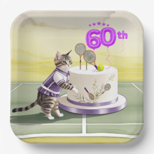 Tennis Cat 60th Birthday Party with Cake Paper Plates