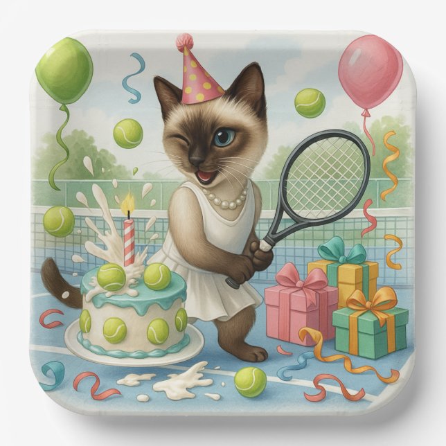 Tennis Cat Paw-some Birthday Party Paper Plates (Front)