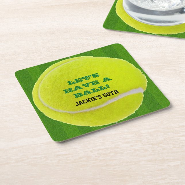 Tennis Celebration Have a Ball Square Paper Coaster (Angled)