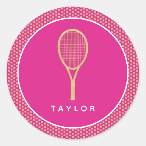Tennis Chic Pink Gold Custom Name Classic Round Sticker