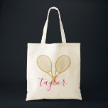 Tennis Chic Pink Gold Personalized Name  Tote Bag<br><div class="desc">The tennis fan or tennis player in your life will love this personalized tote with gold tennis racquets. Perfect as a gift for a birthday or as a bridesmaid favor. Part of a collection from Parcel Studios. Name is customizable. *Note: The gold in this product is simulated. No real gold...</div>