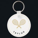 Tennis Chic Player Gift Black and Gold Custom Keychain<br><div class="desc">The tennis player or fan in your life will love this personalized tennis themed black and gold key chain featuring gold tennis racquets. Makes a wonderful gift for birthdays, the holidays, Mother's Day or as party favors. Part of a collection from Parcel Studios. *Note: The gold in this product is...</div>
